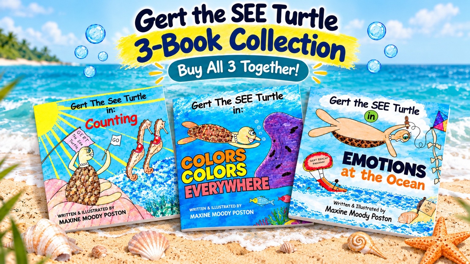 The three Gert the SEE Turtle books together on a sunny beach: Counting, Colors Colors Everywhere, and Emotions at the Ocean