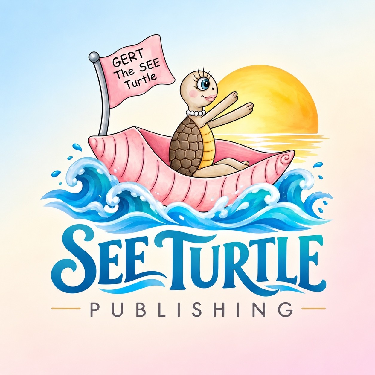 SEE Turtle Publishing logo featuring Gert in her pink conch shell sailboat